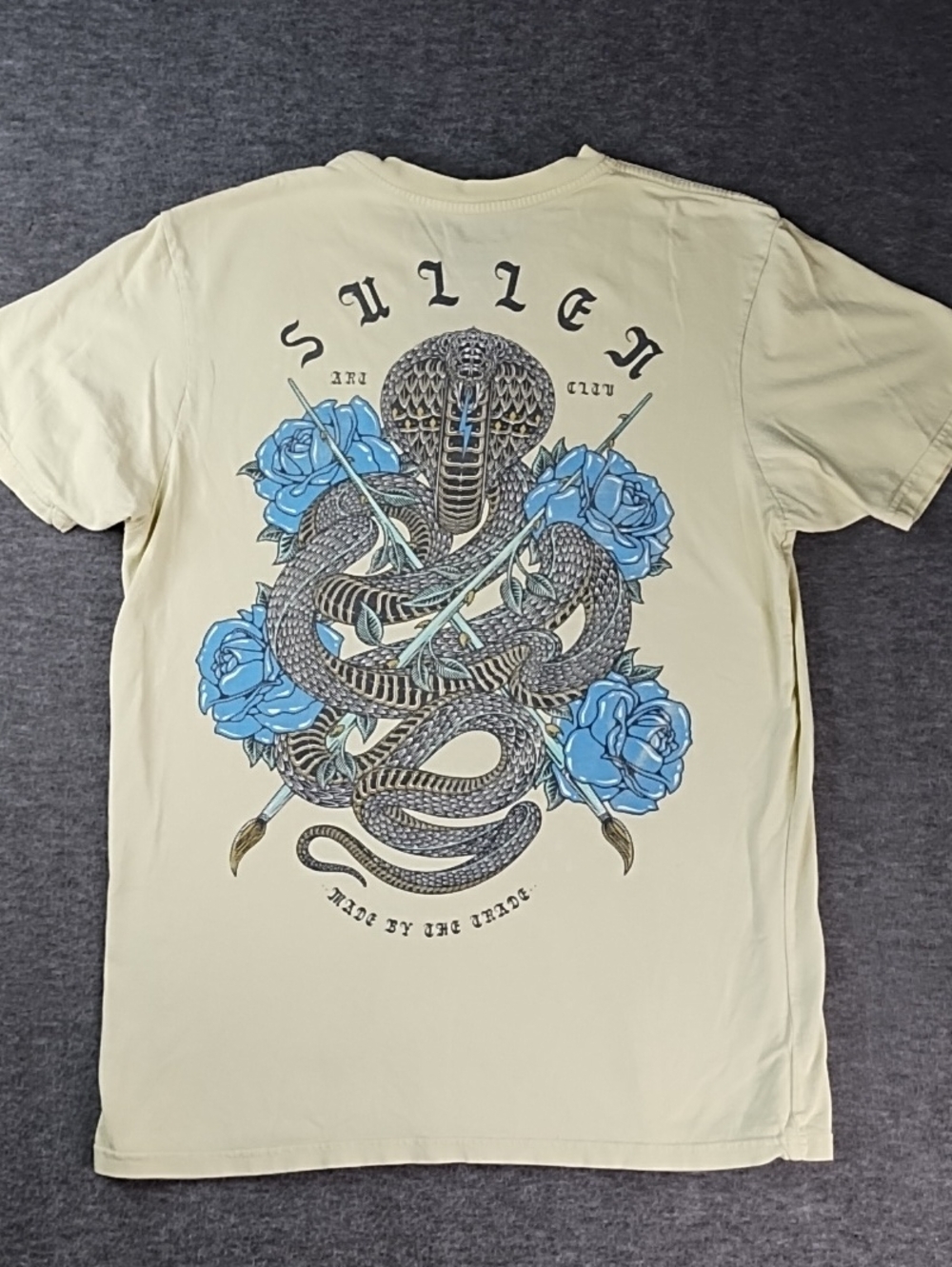 Sullen Men's Short-Sleeve Cream Graphic Tee with Blue Rose & Snake Artwork